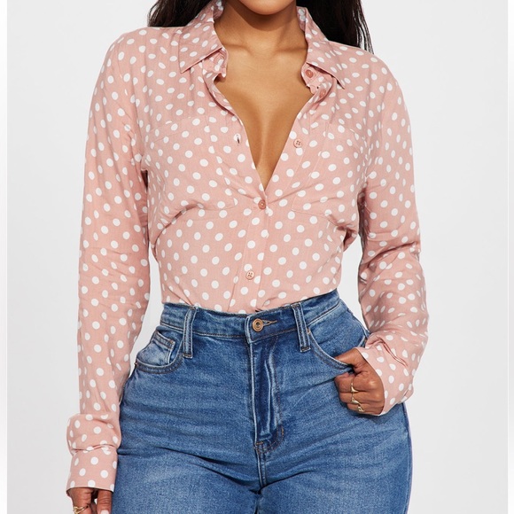 Tops - Pink & White Polka Dots Long Sleeve Button Down Top